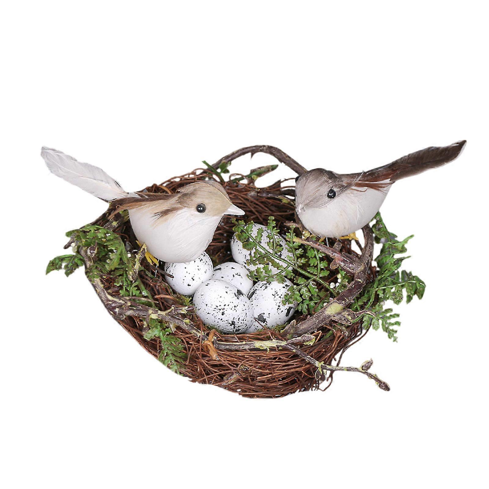 Bird Nest with Faux Birds and Eggs Ornament for Gardens Window Sill Decoration Photography Props Handmade Accessory