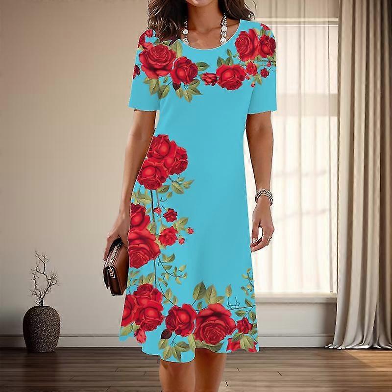 Dammode Graciös Vacker Ros Tryck Sommar Vår Kortärmad O-ringning Casual Klänningar