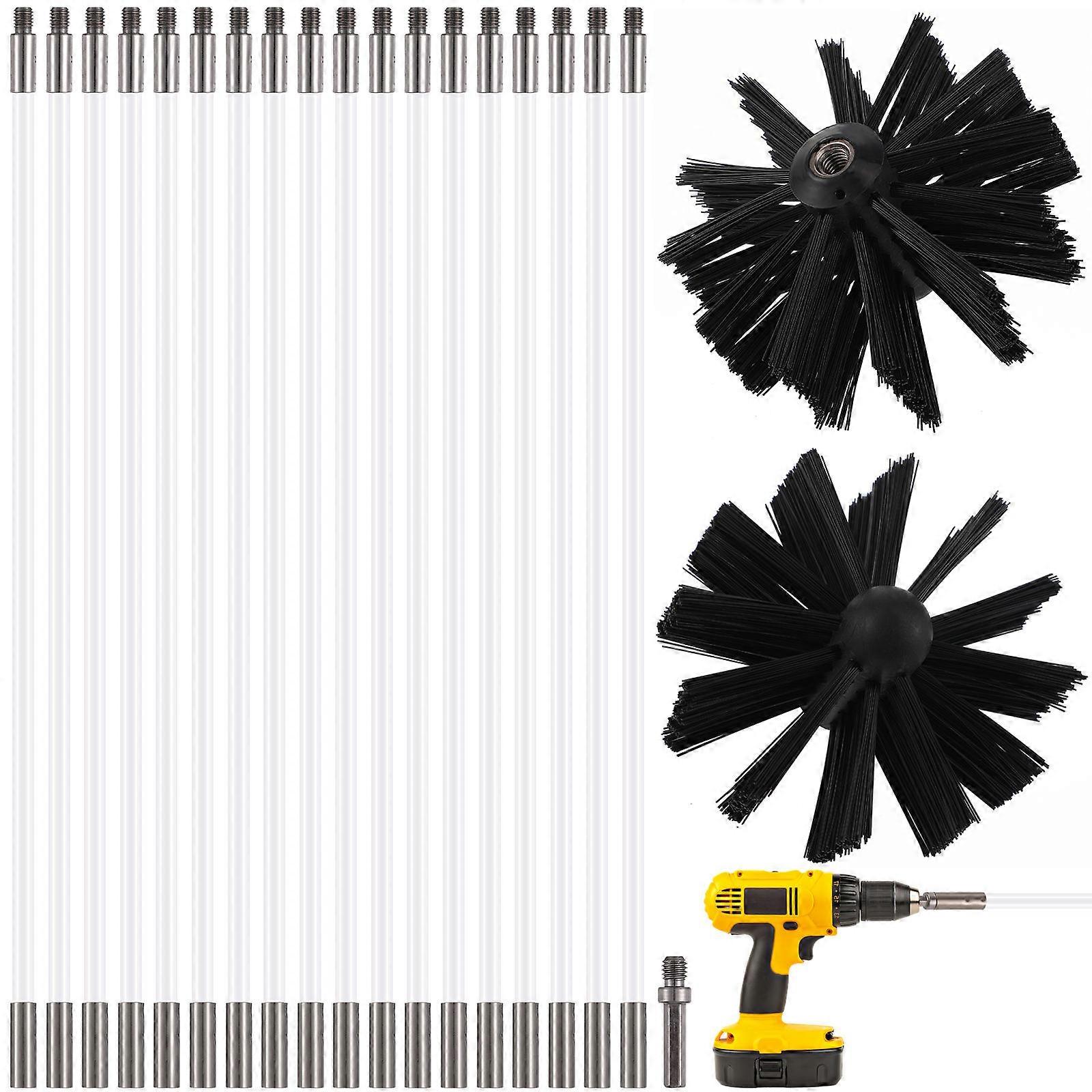 18 Pcs Flexible Chimney Sweep Rods & Cleaning Brush Kit with 2 Brush Heads, White, PP & Nylon Gutter Tools