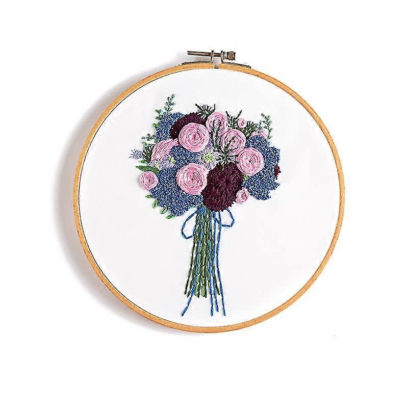 Desktop Ornament Rose Bouquet Embroidery Kit for Beginners Wooden Embroidery Hoops,Needles and Color Threads,Needlepoint Kit for Adult