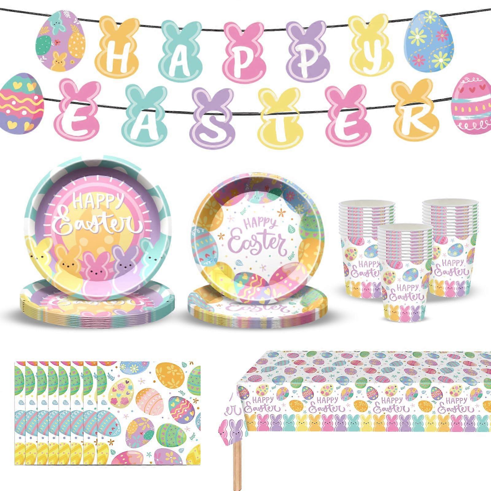 Happy Easter Party Supplies Set for 24 Guests – Includes Plates, Cups, Napk Banner Ref: 9195