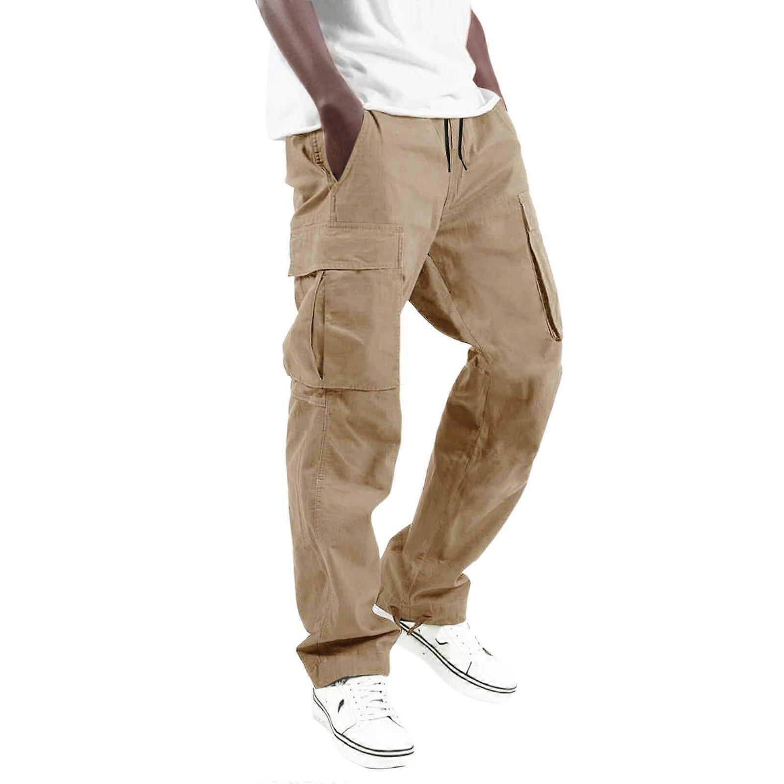 Cargo Trousers Men's Baggy Regular Fit Fitness Trekking Trousers with Drawstring 6 Pockets Wide Leg Khaki Autumn Winter