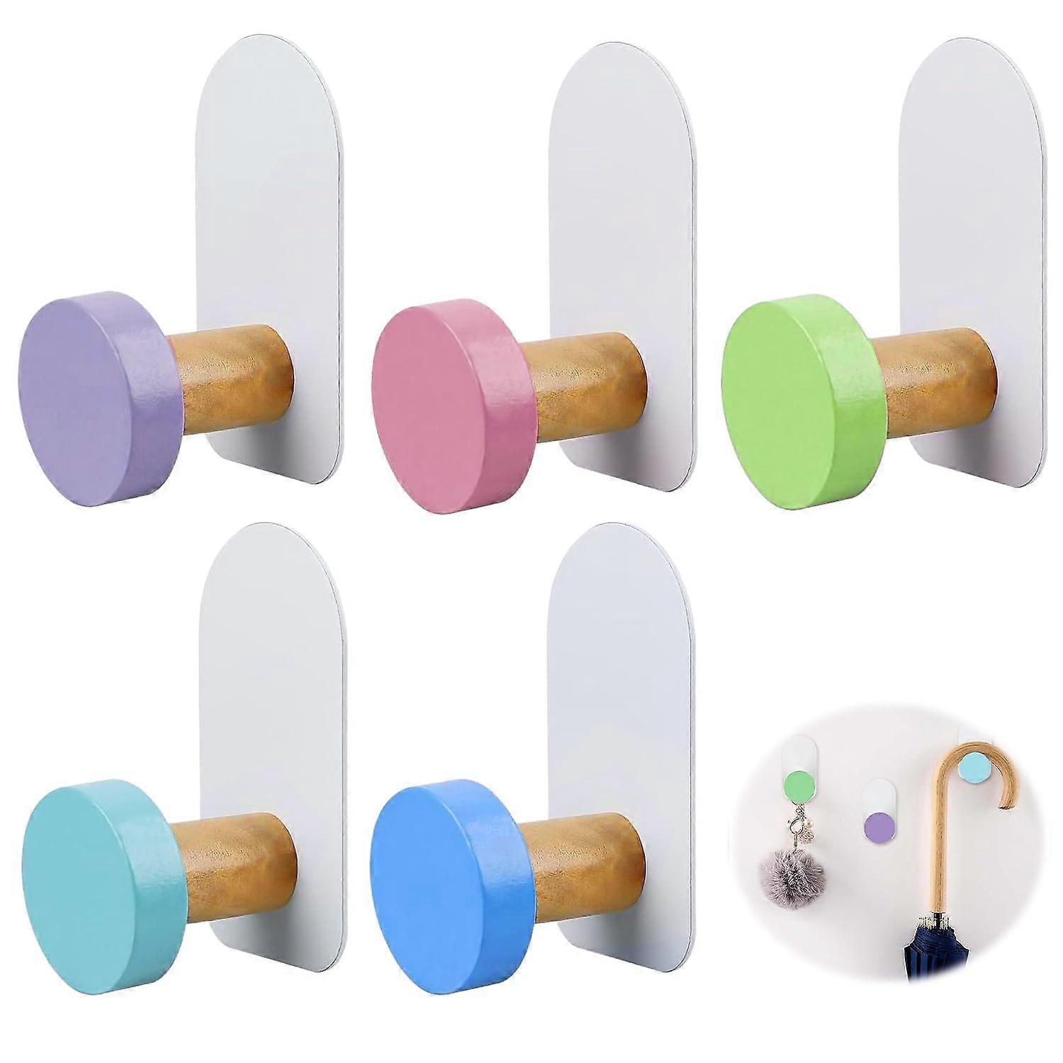 Colourful Wall Hooks Pack of 5 Self-Adhesive Unbreakable Coat and Towel Hooks No Drilling for Bathroom and Kitchen (5 Colours)