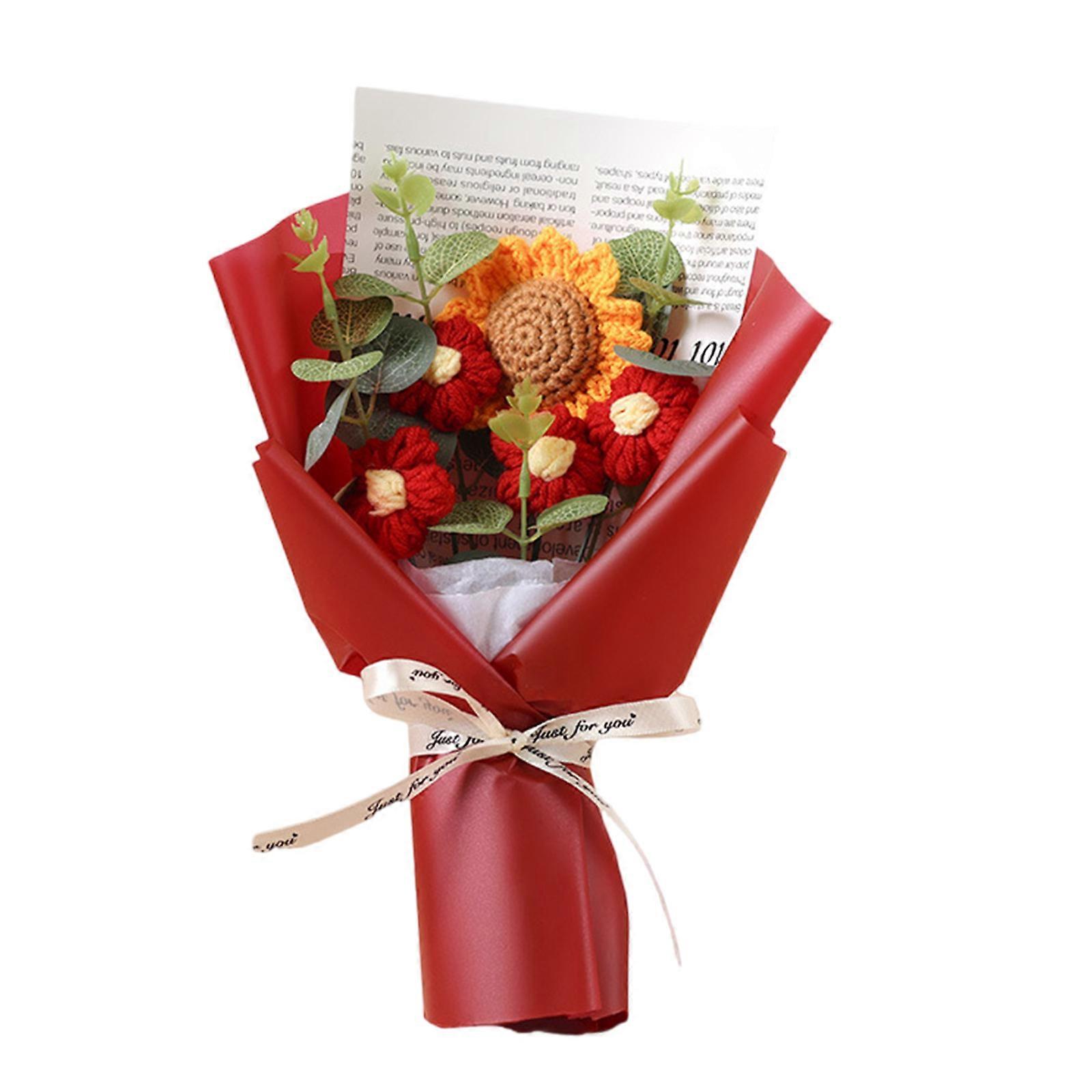 Villa auringonkukkakimppu käsin neulotut kukat kodinsisustus turvallinen lapsille ja lemmikkieläimille ja aikuisille lahja punainen