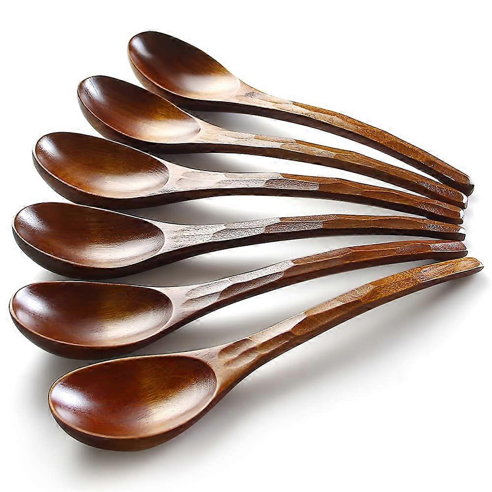 Wooden Soup Spoons Set of 6, 7.84 Inch Nanmu Wood Ramen Spoons with Long Handle for Cooking, Dining, and Kids' Meals
