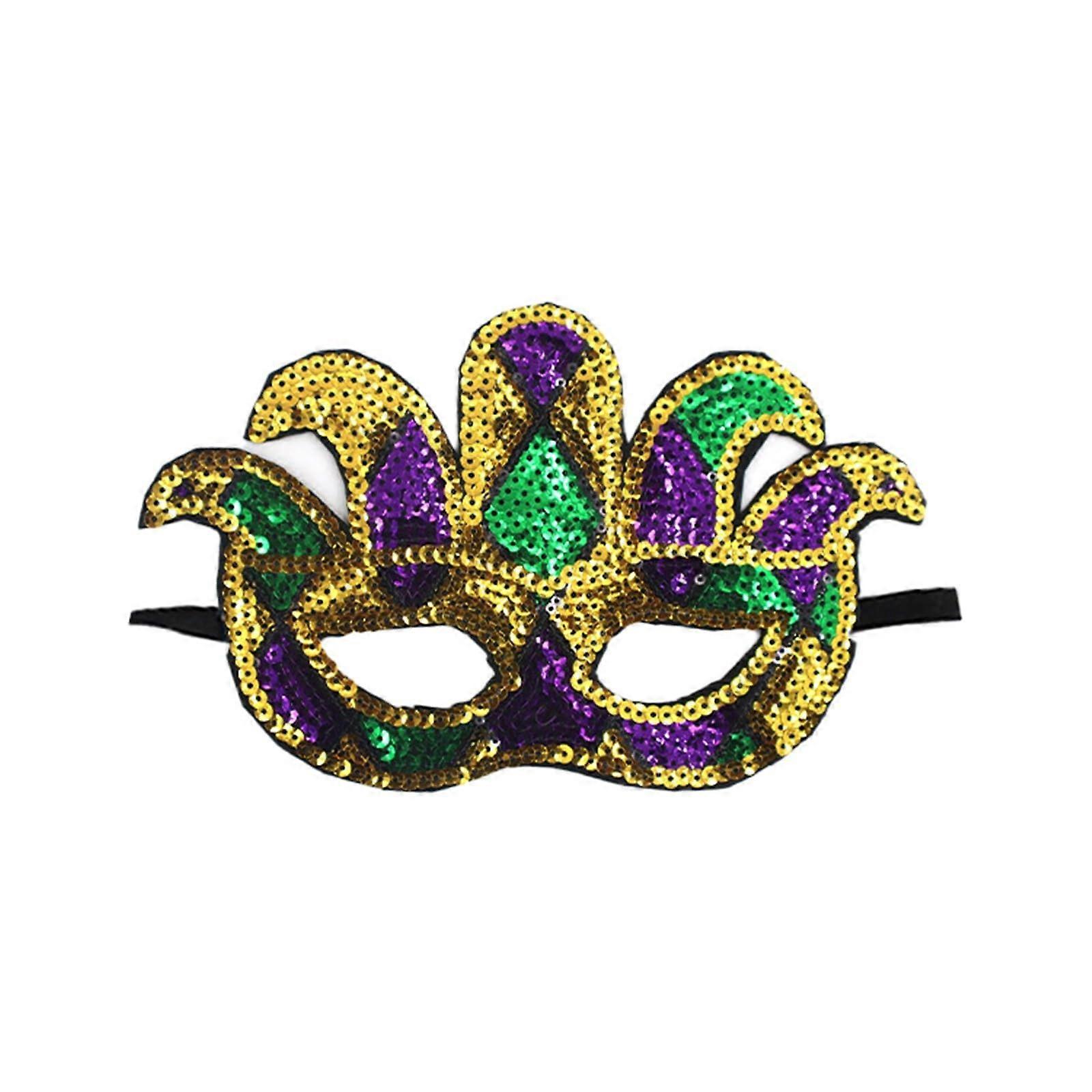 Mardi Gras Fancy Dress Mask Tricolour Half Face Eye Mask in Gold Purple Green with Sequins for Masquerade Ball Party, One Size