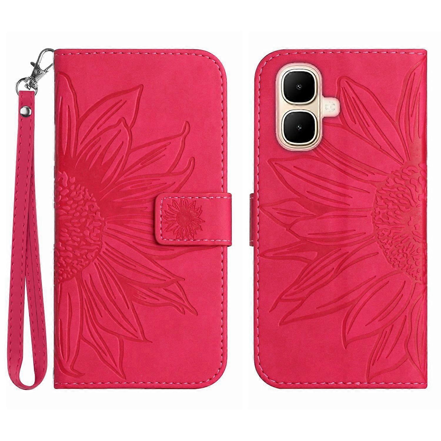 For TECNO Pop 10 Infinix Smart 10 Case Sunflower Imprint Leather Wallet Phone Cover with Wrist Strap