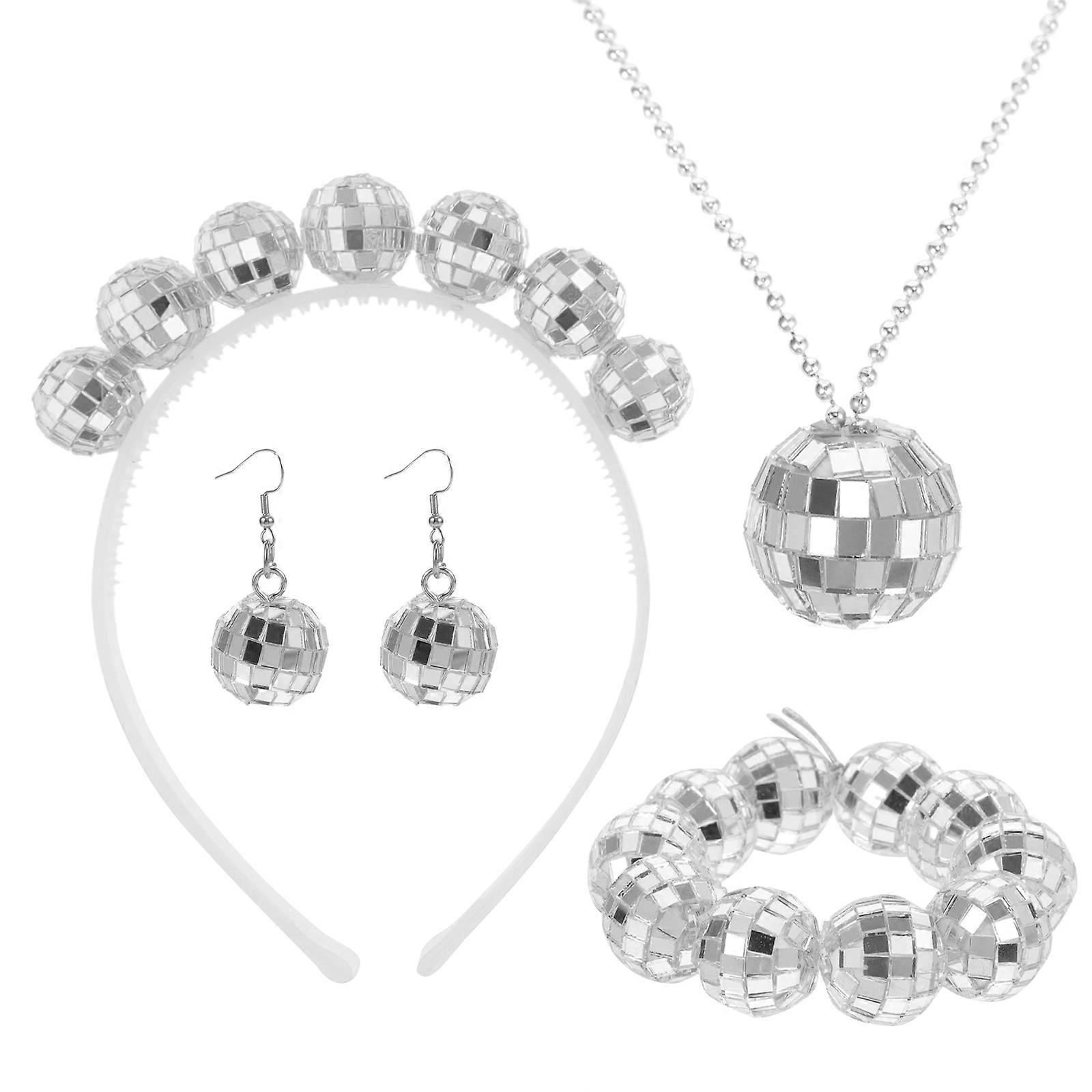 Disco Ball Jewelry Set for Women with Necklace Bracelet Earrings Headband Assorted Color Plastic
