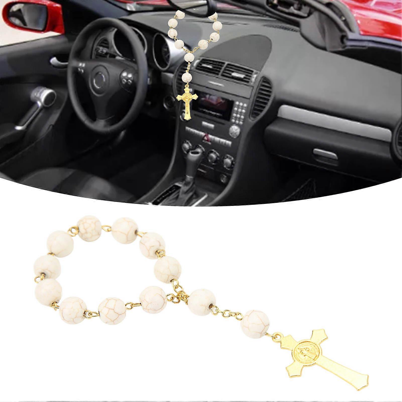 Car Hanging Rosary Polishing Exquisite Portable Prayer Beads with Cross Car Rosary for Decoration White