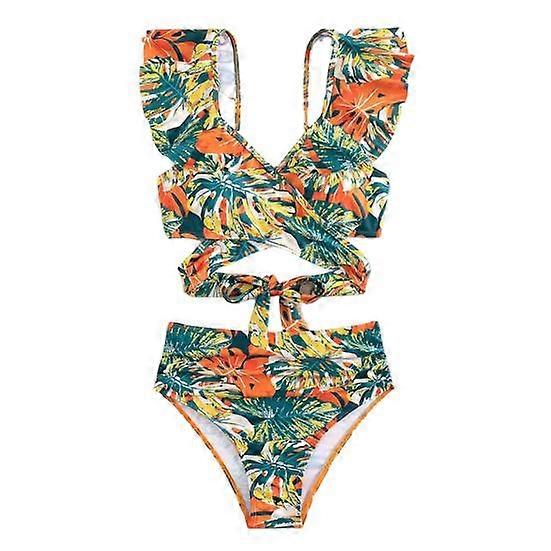 2Pcs/Set Women's Bikini Set Adjustable Straps High Waist Ruffle Decor Swimsuit Backless Design V-Neck Top with Chest Pads Split Beachwear Swimsuit