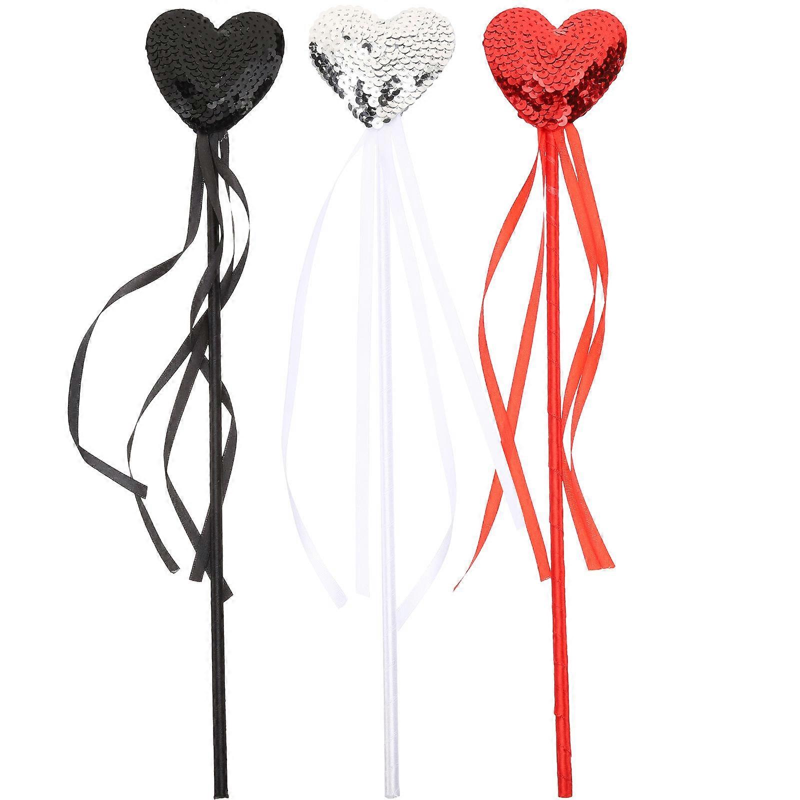 Assorted Color Heart Fairy Wands Kit for Cosplay Party Supplies with Glitter and Satin Ribbon, 3 Pcs