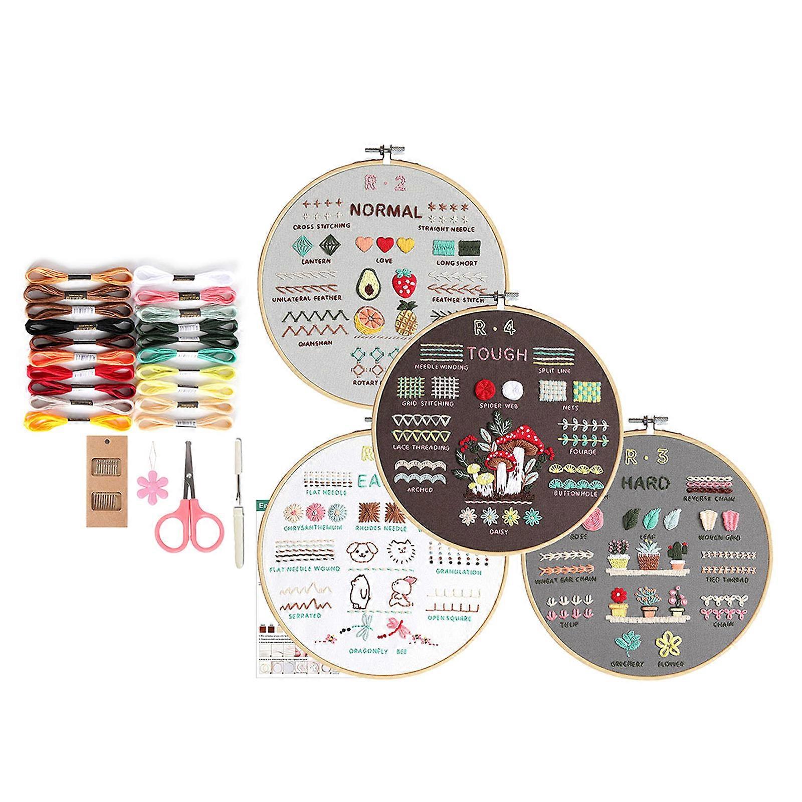 4Sets Fruit Plant Animal Embroidery Set with Instruction Beginner Embroidery Set with Embroidery Pattern Instruction Multicolor