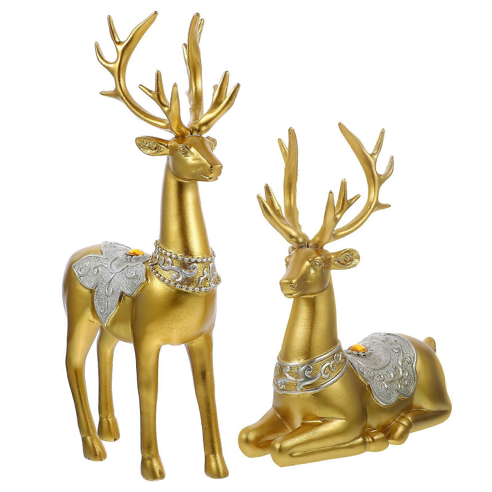 Golden Resin Deer Ornaments for Home Decor Scenery Couple Design 2pcs Large Size