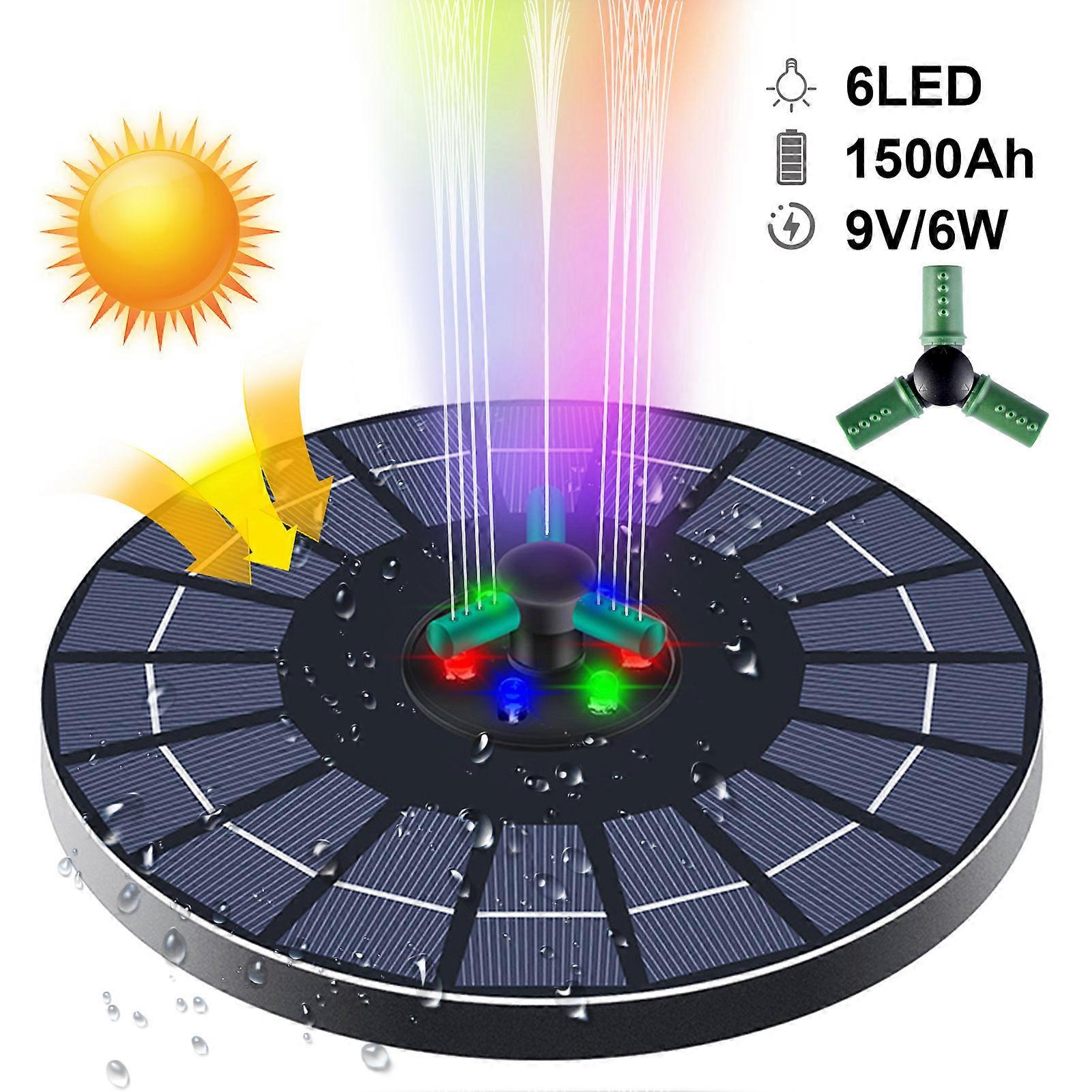 9V/6W Solar Fountain Pump Colorful with 6 LEDs Floating Garden Fountain-Waterfall Bird Pump Bathtub Pond/Pond Lawn Decor