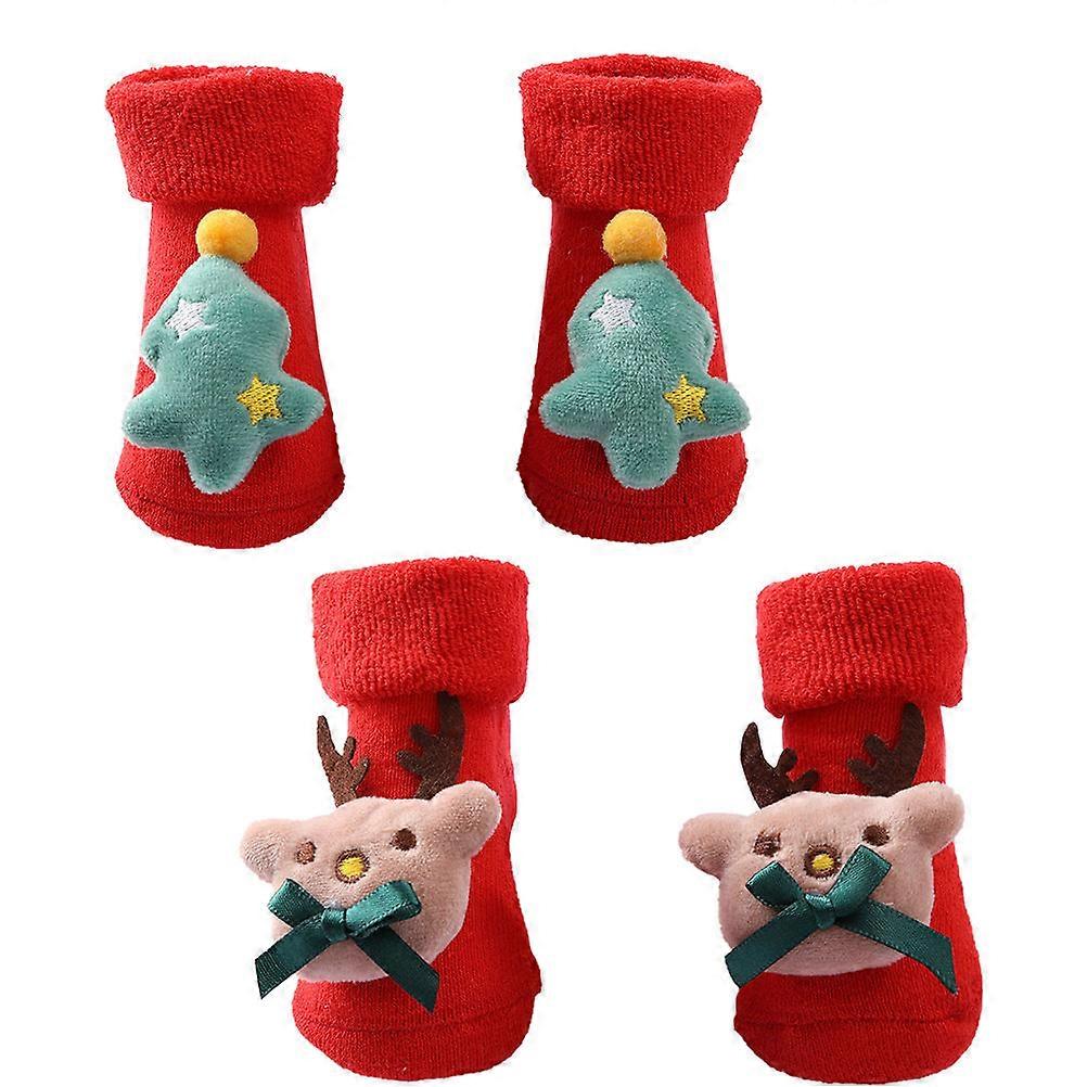 2 Pairs Thickened Cotton Newborn Winter Socks with Elastic Fit Featuring Festive Tree &