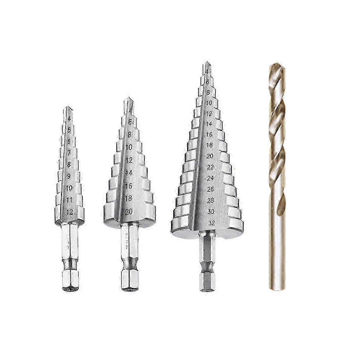 2025 Step Drill Bits, 4 Pieces Hss Metal Countersink Bits 4-12/20/32mm Tapered Triangular Bits With Titanium Coating