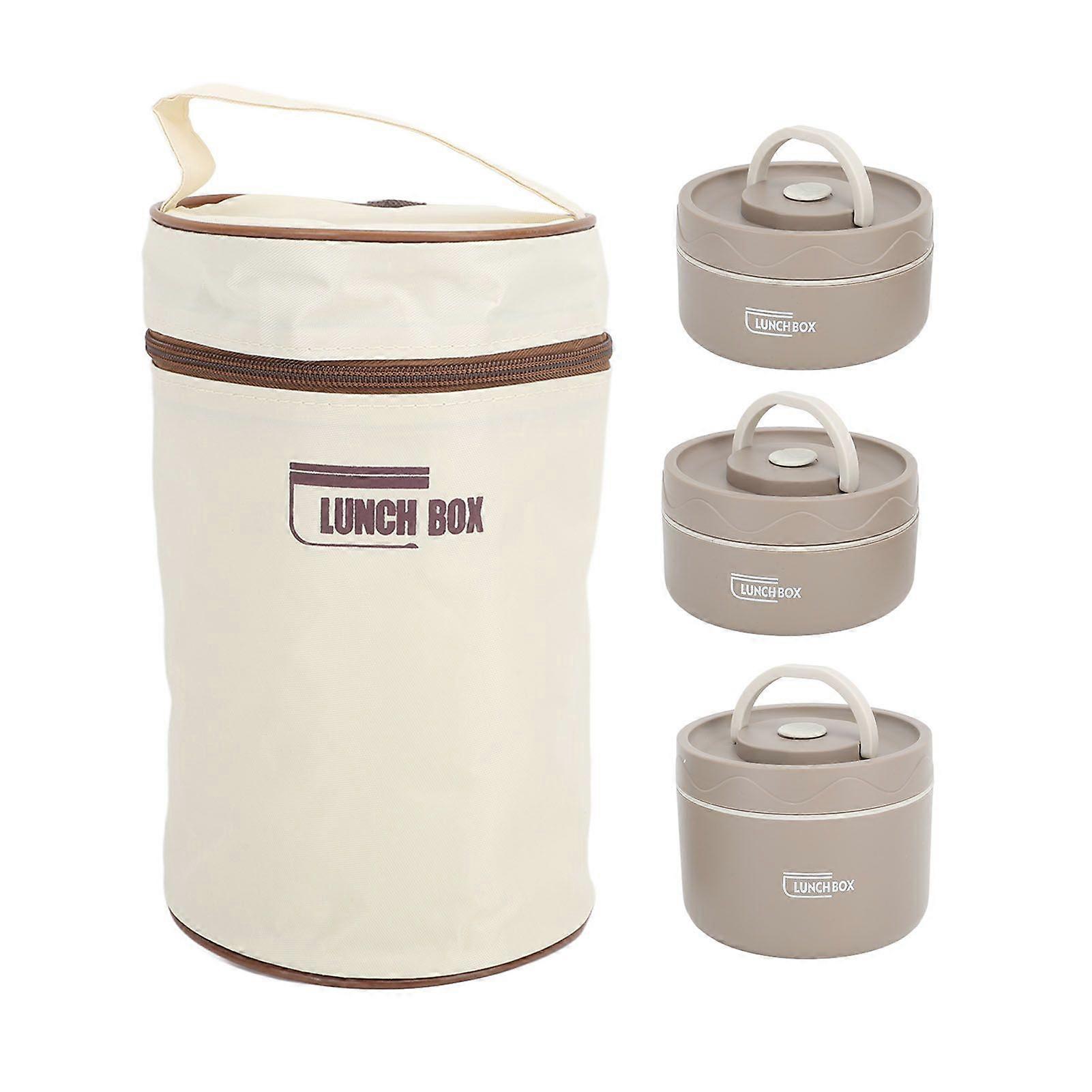 Insulated Lunch Container 304 Stainless Steel Leakproof Portable Round Thermal Bento Box with Lid and Thermal Bag Deep Coffee Color 3PCS