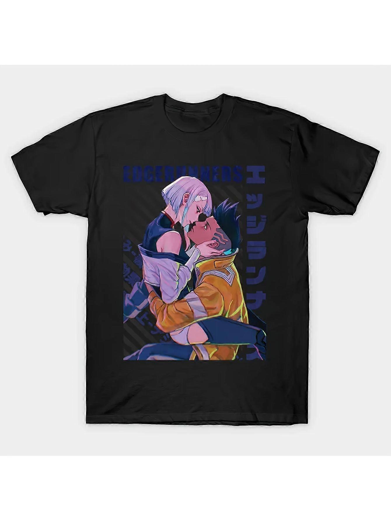 Camiseta Gráfica de Anime Cyberpunk Edgerunners - Camiseta Manga Preta com Acentos Roxos e Azuis - Vestuário Oficial da Série para Edgerunne-KSFHL3