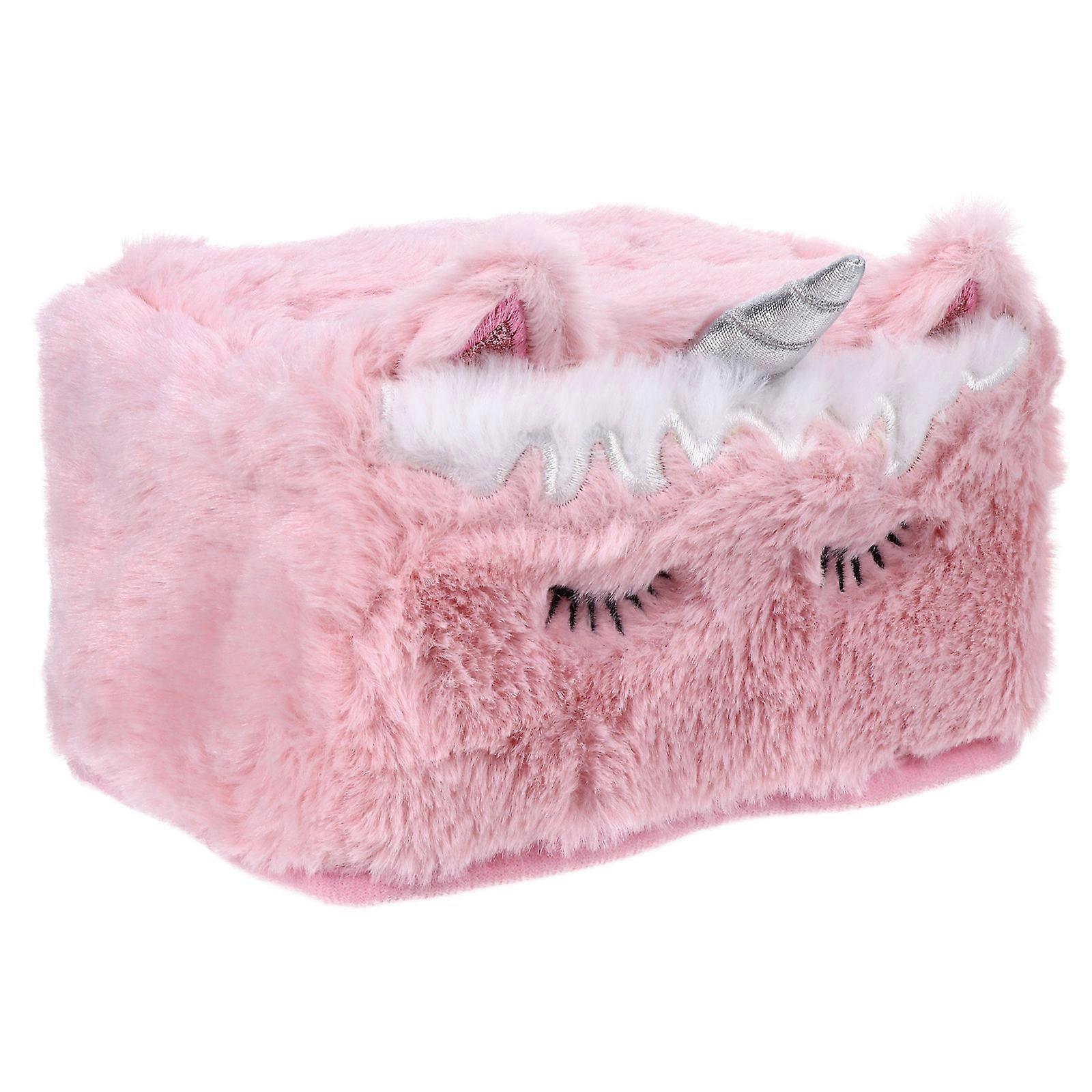 Plush Tissue Box Cover Unicorn Shape Home Use Pink 16x12x9.5cm Keeps Desktop Clean 1Pack