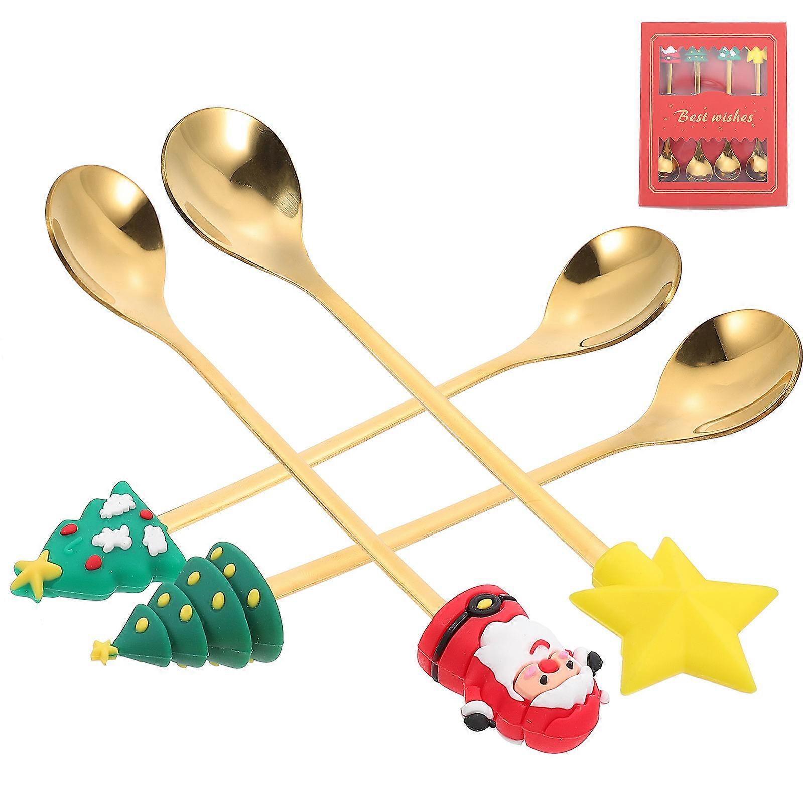 Stainless Steel Dessert Spoons Versatile For Home Users And Restaurants Red Long Handle For Mixing Drinks 4 Sets