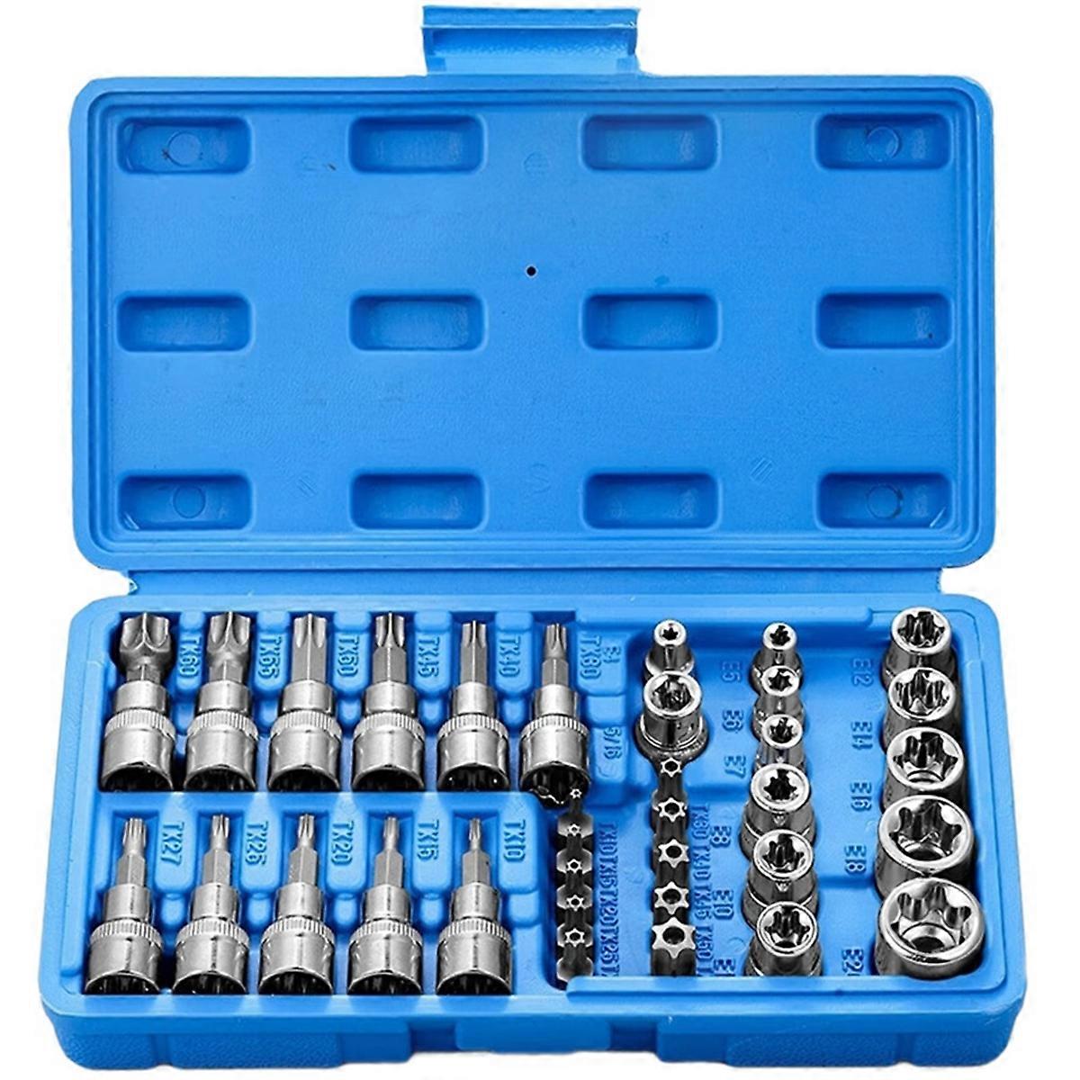 Professional 34pcs Torx Bit Socket & E-Torx Star Socket Set 1/4" 3/8" 1/2" Drive Male Female E-Torx