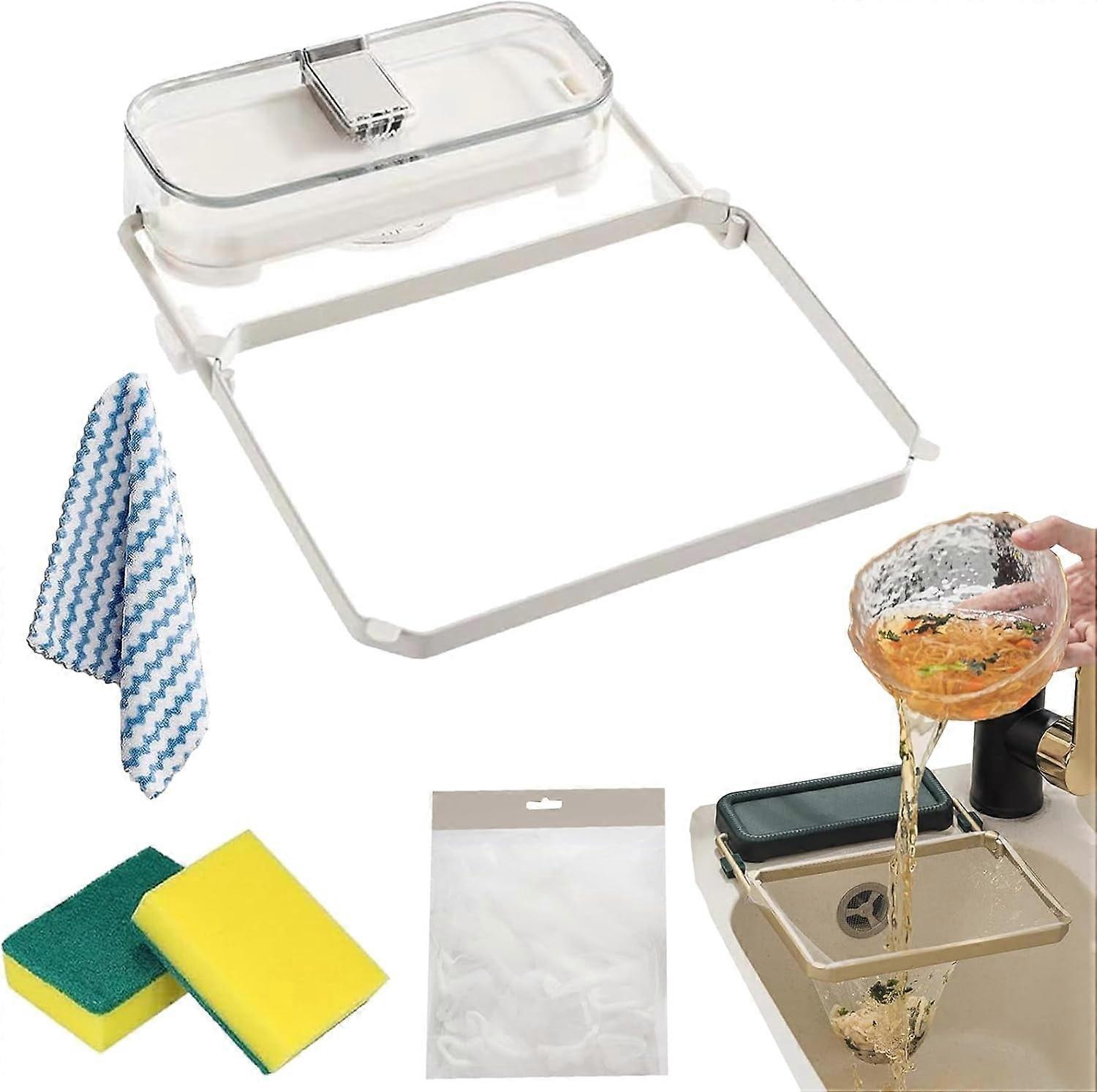 Sink Drain Rack with Strainer, Suction Cup Kitchen Sink Filter, Foldable Drain Basket with 50 Filters (White)