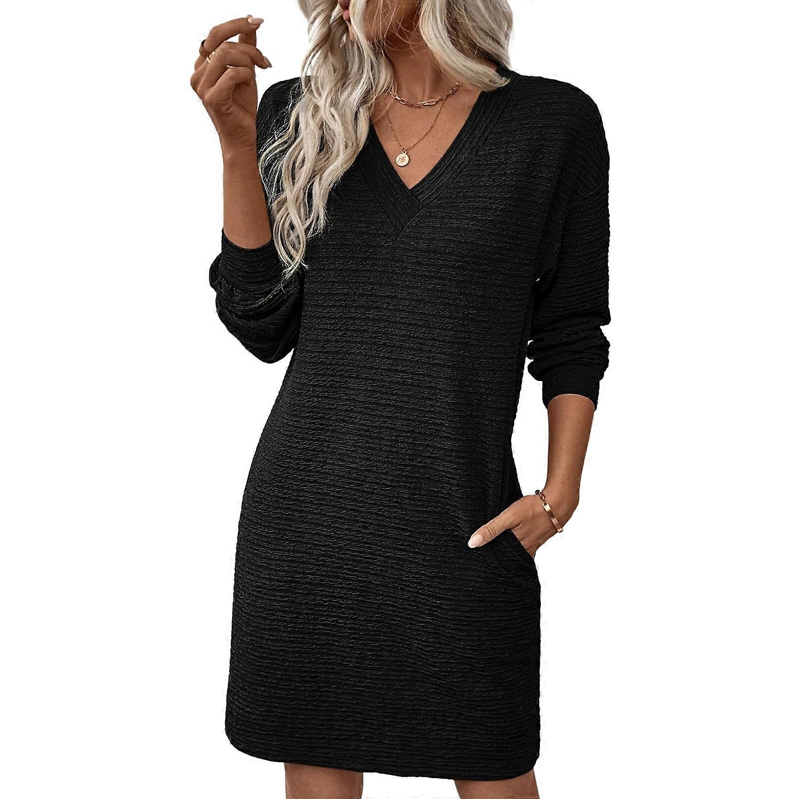 Women's Loose Long Sleeve T-Shirt Dress Casual Textured Dress with Pockets  Black M | Fruugo IE