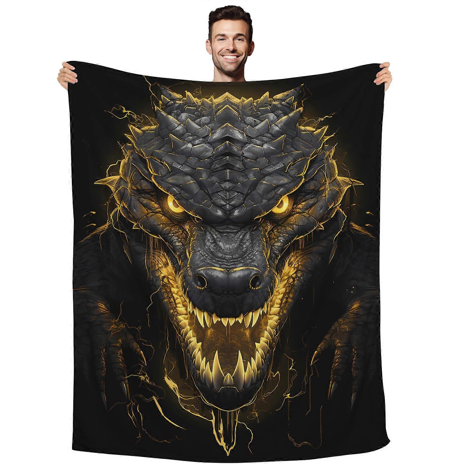 Alligator Throw Blanket Soft Plush Black Gold Crocodile Design for Adults and Kids 80'x60'