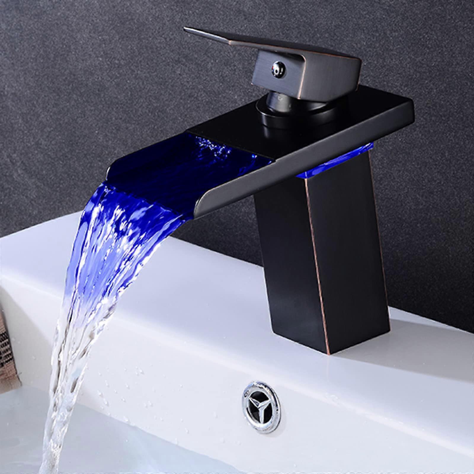 LED Waterfall Basin Faucet with Color Changing Light, Single Handle Brass Mixer Tap, Black