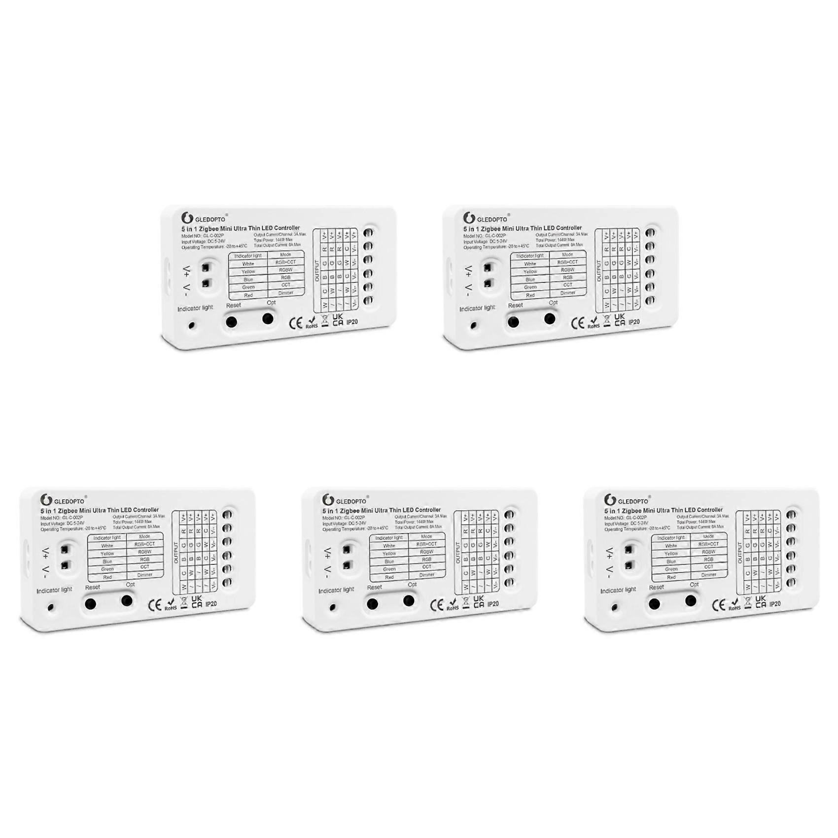 5X GLEDOPTO Zigbee 3.0 DC5-24V Mini 5 in 1 RGBCCT/RGBW/RGB/CCT/Dimmer LED Light Strip Controller for TV Backlight Lighting