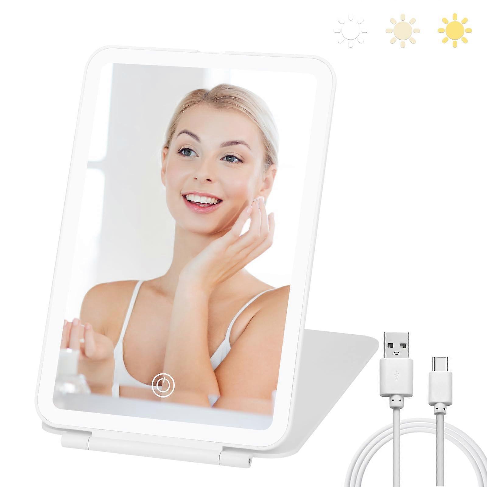LED Travel Makeup Mirror with Lights, Adjustable Brightness, 3 Color Modes, USB Rechargeable, Foldable White