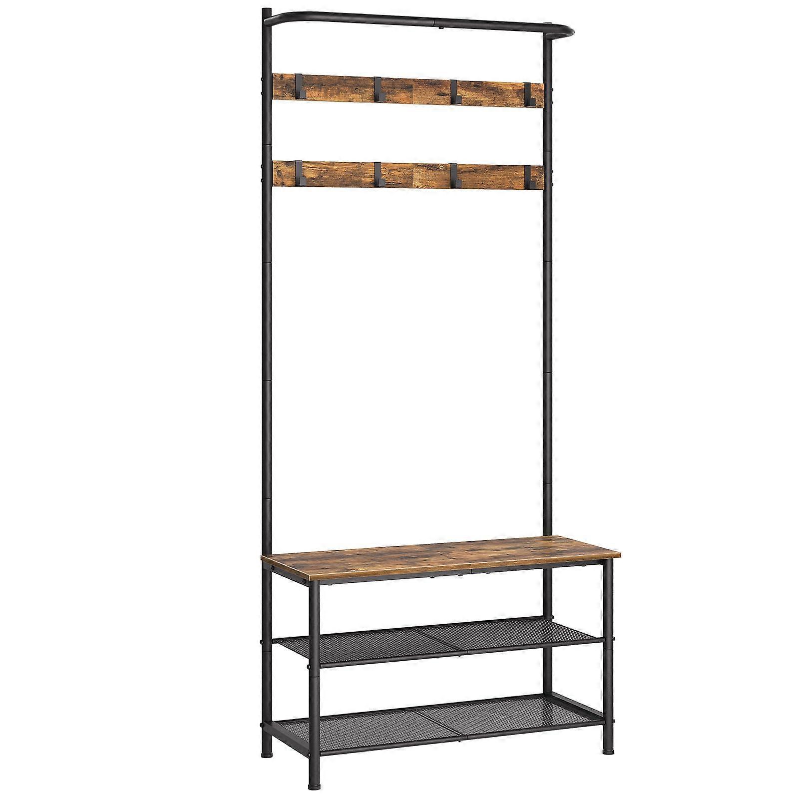 Hall Tree Coat Rack with Bench and 3Tier Shoe Storage, 4in1 Entryway Organizer with Hooks, Rustic Brown and Black MT02BR