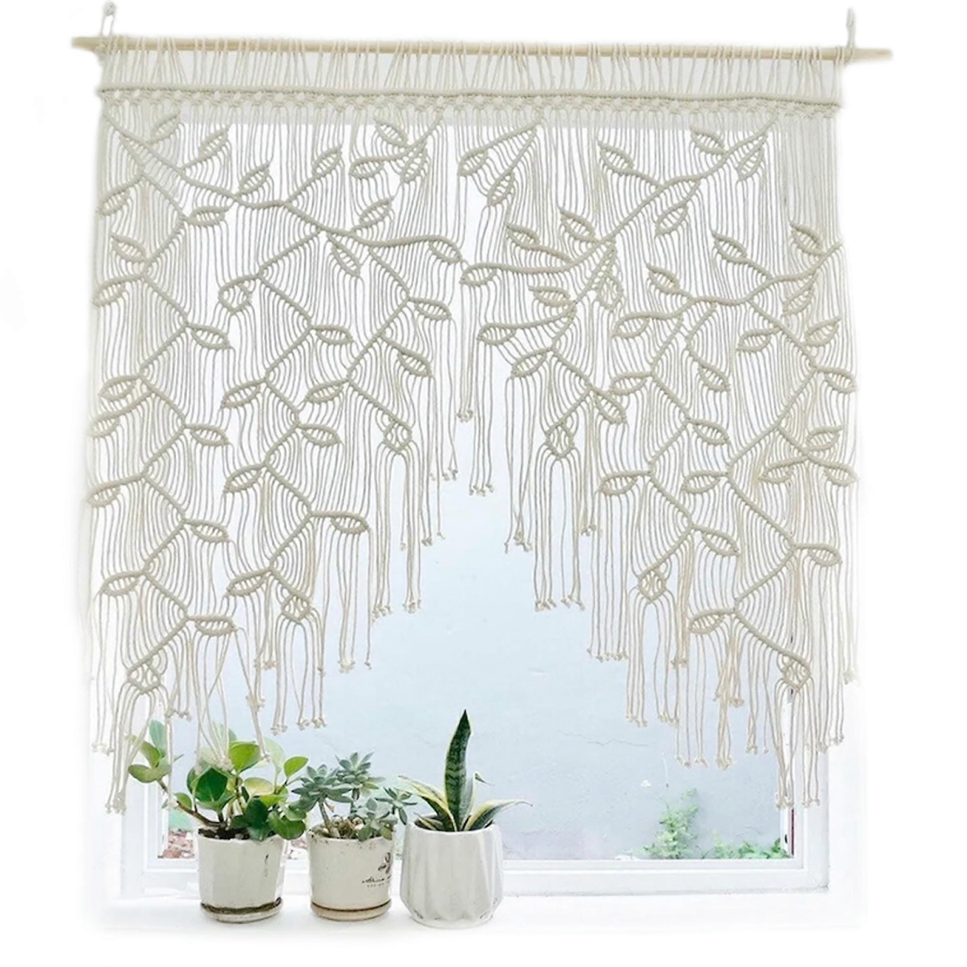 Macrame Curtains Boho Leaf Pattern Handmade Cotton Beige Short Window Decor 100x100cm