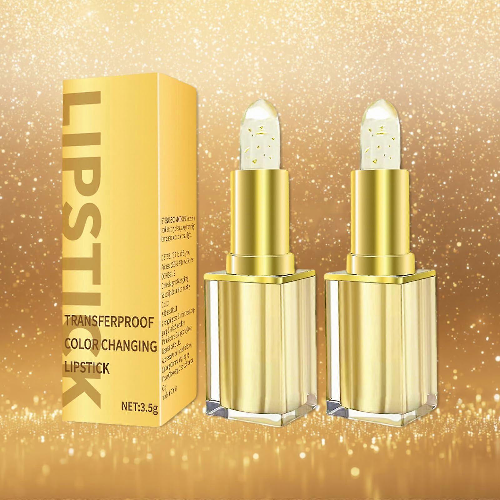 Color Changing Lipstick 2PCS with Gold Crystal Shine, pH Reactive Long Lasting Deep Hydration