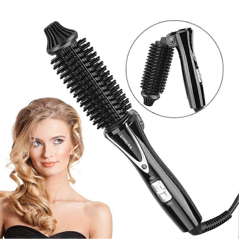 Foldable Ceramic Hair Curling Brush with Negative Ion Technology for Fast Styling, Black