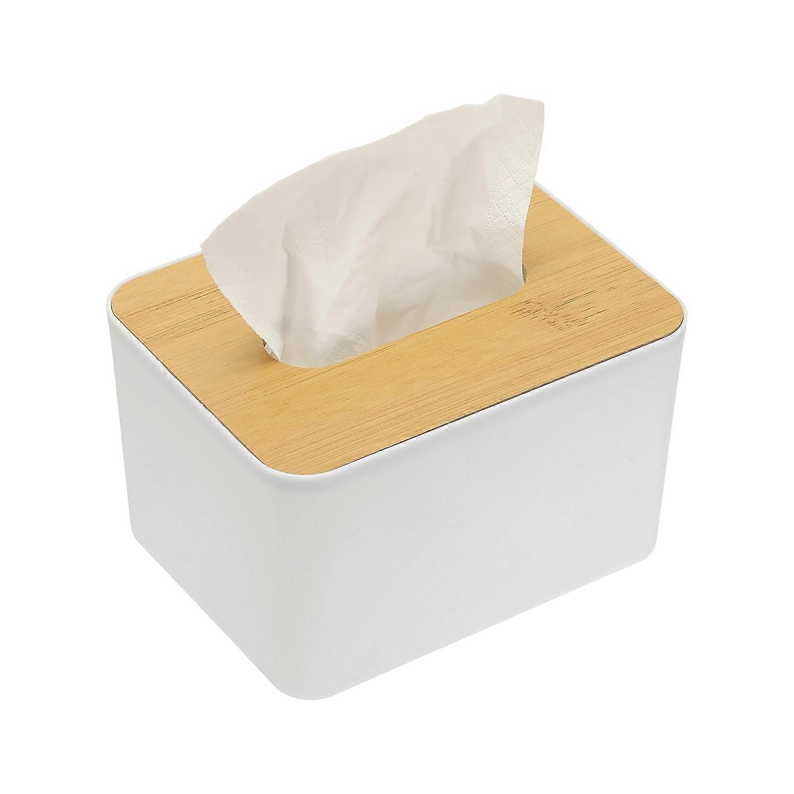 Tissue Box Holder with Wooden Lid, Waterproof Plastic Rectangular Cover for Home Office, White