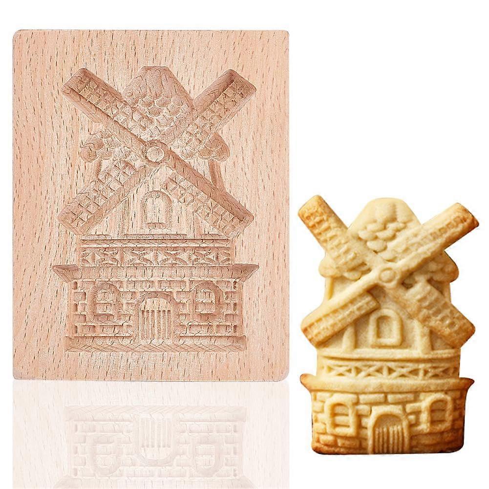Wooden Cookie Mold with Exquisite 3D Windmill Design, Durable Gingerbread Stamp for Baking