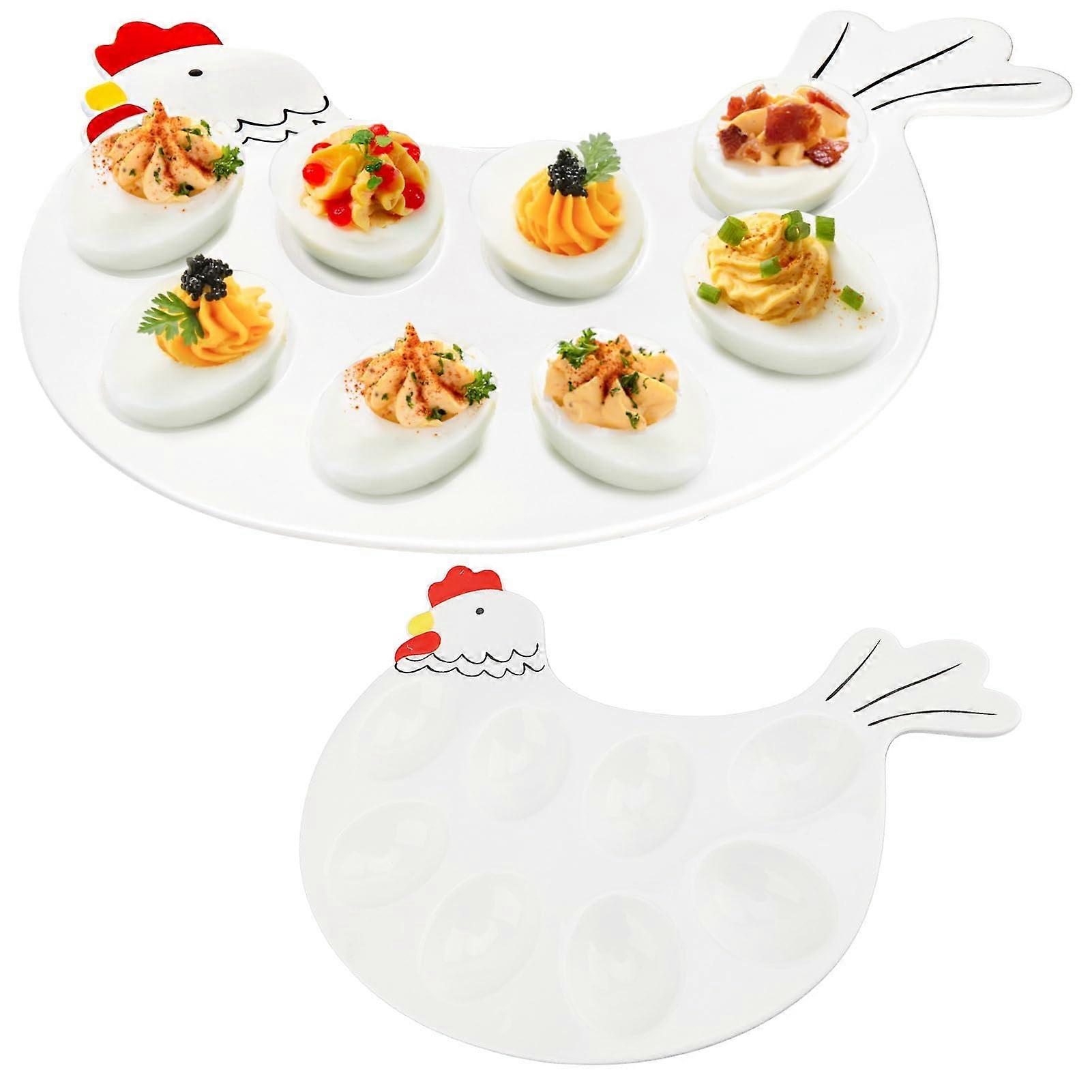 Deviled Egg Platter with 8 Slot Ceramic Tray, Chicken Shaped Holder, Microwave Safe White Dish