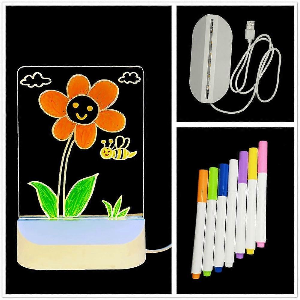 Kids Acrylic Drawing Board with Warm Night Light, USB Powered, Includes 7 Colored Pens, Vertical Shape