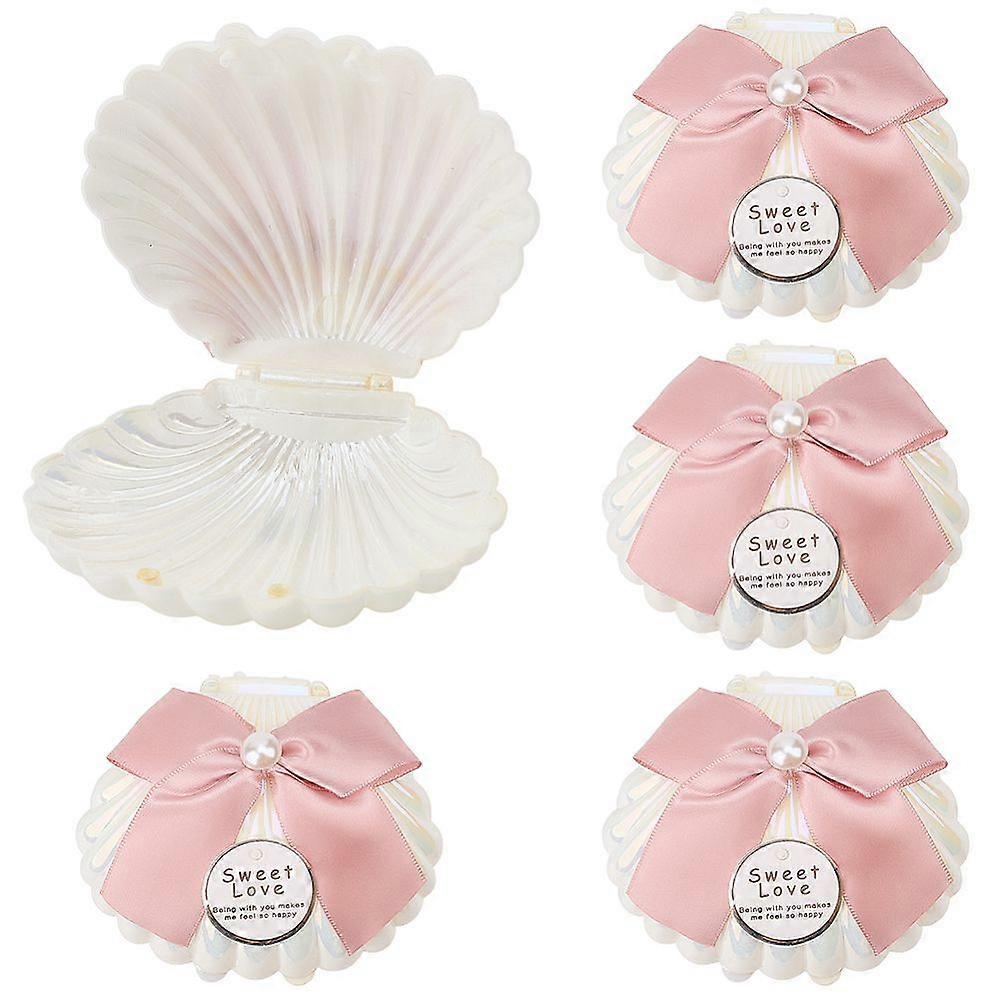 5pcs White Shell Shaped Plastic Candy boxes with Ribbon Bowknot Pink 7x9cm