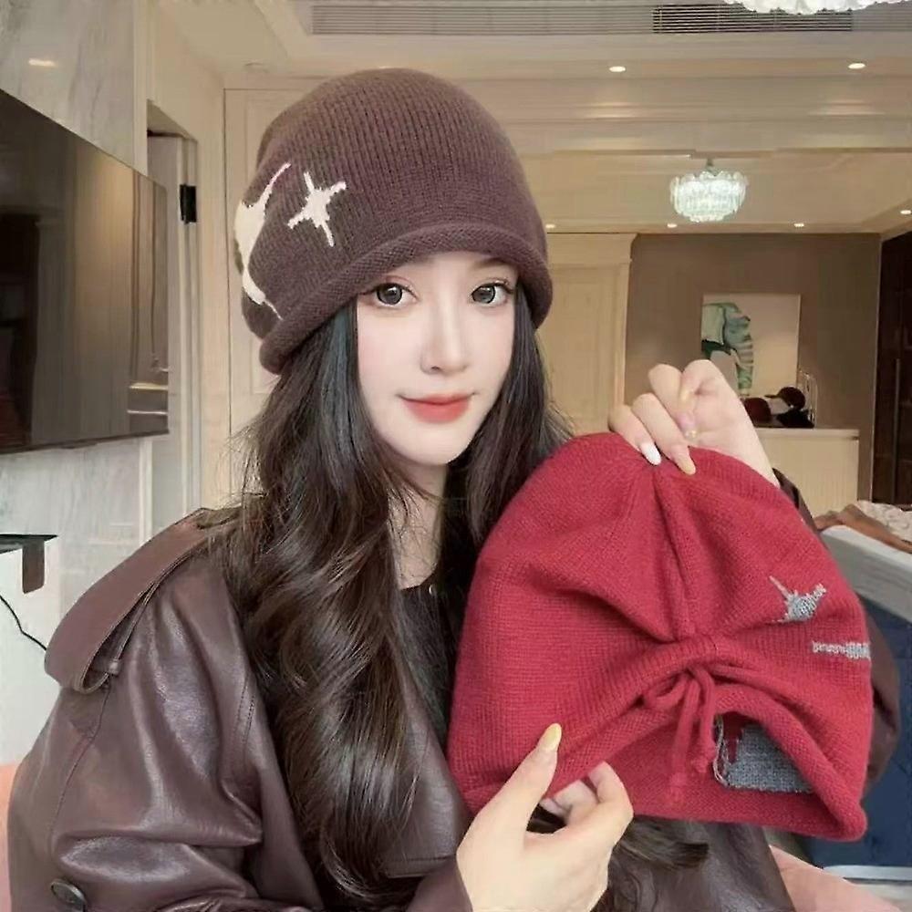 Casual Star Pattern Knitted Woolen Hat Windproof Cold-proof Cover Head Cap Keep Warm Thickened Drawstring Beanie Cap Women