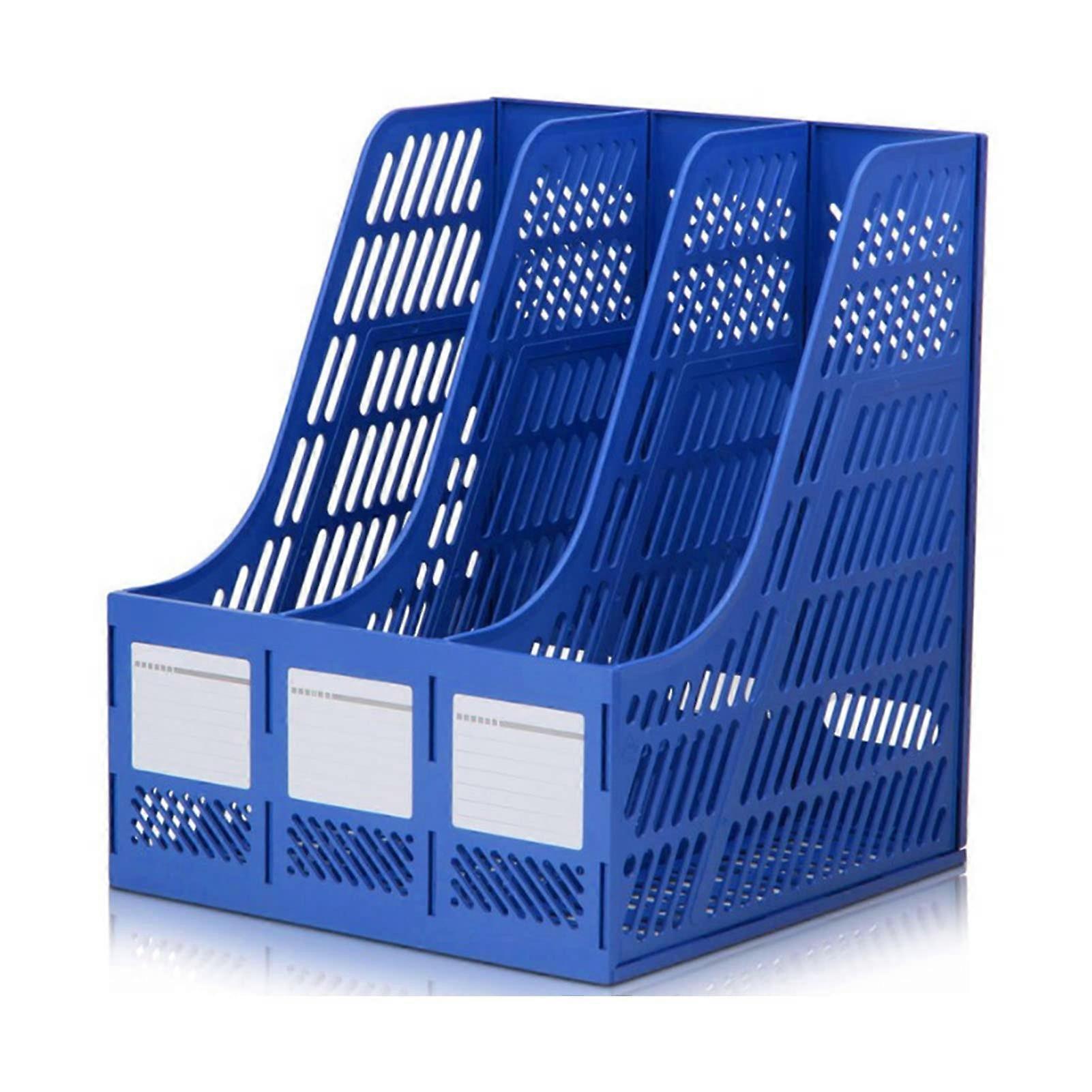 Triple Compartment File Organizer with SpaceSaving Vertical Desk Document Holder Plastic Blue