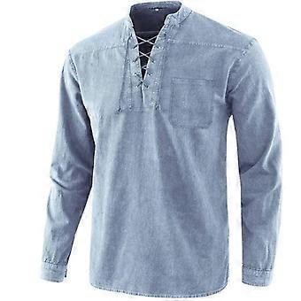 Men's Long Sleeve Sweatshirt Vintage Streetwear StandUp Collar LaceUp Pullover Blue M