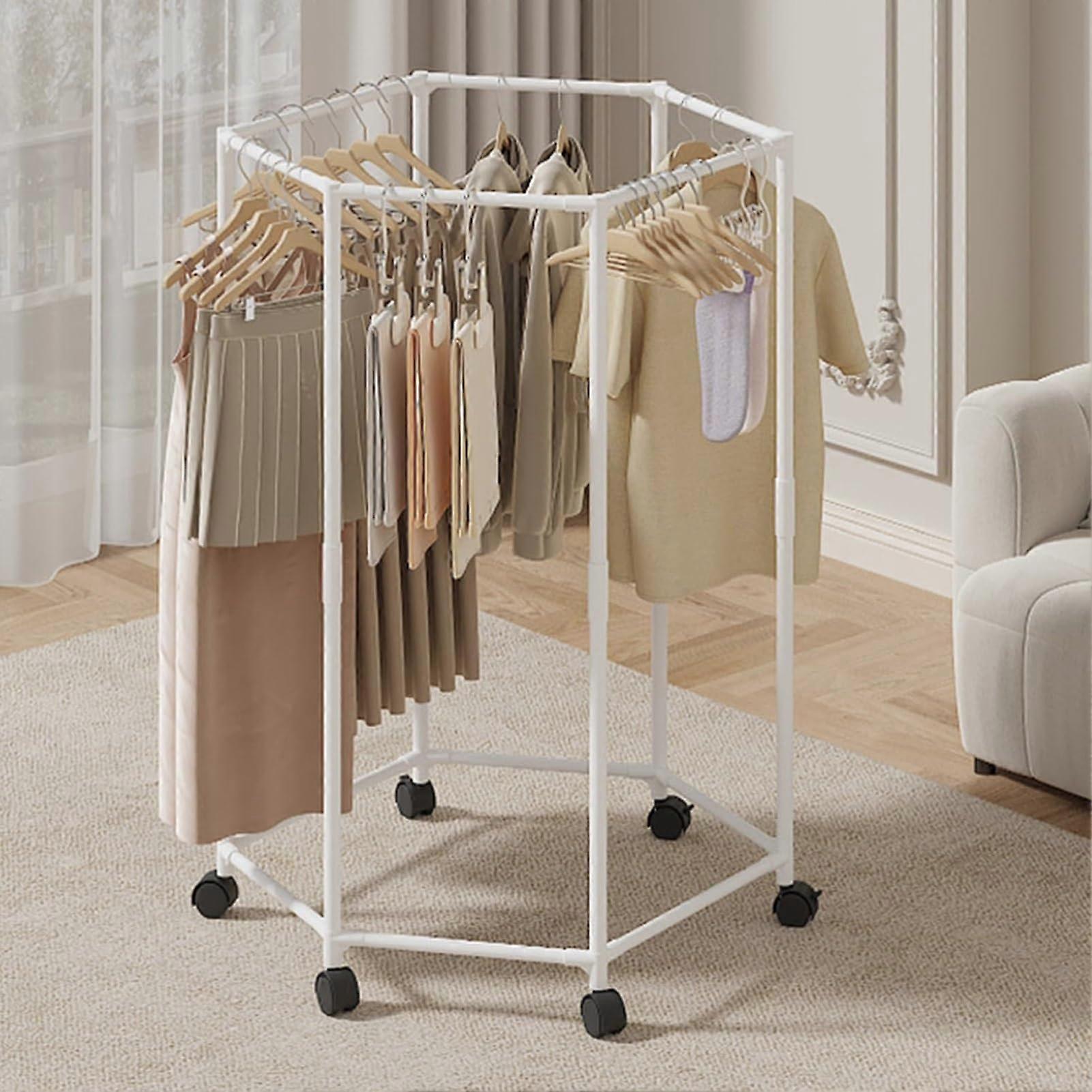 Hexagonal Clothes Display Rack with 360° Rotation, Rolling Base, Durable Steel, White
