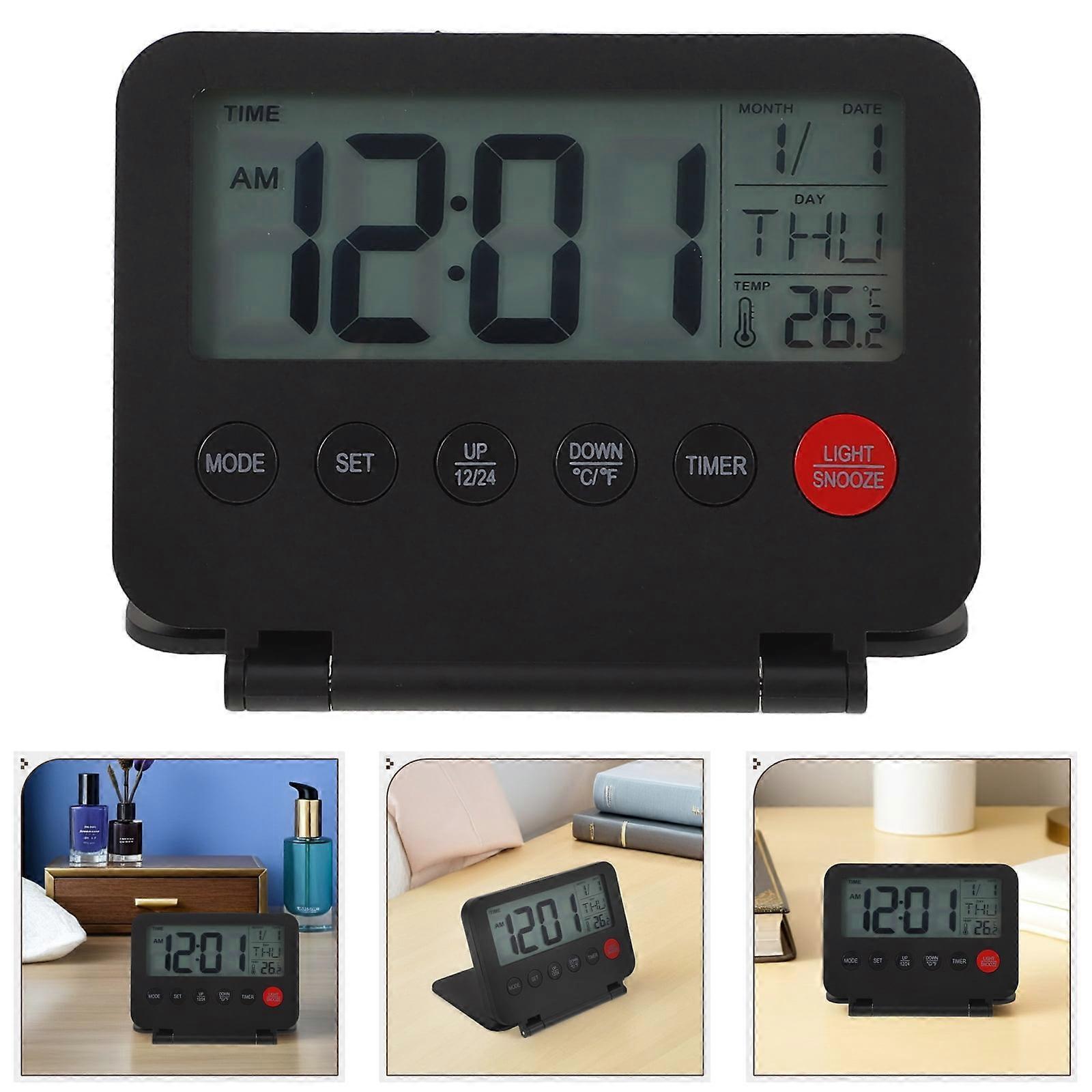 Multifunctional Black Bedside Table Clock with Digital Display and Portable Design