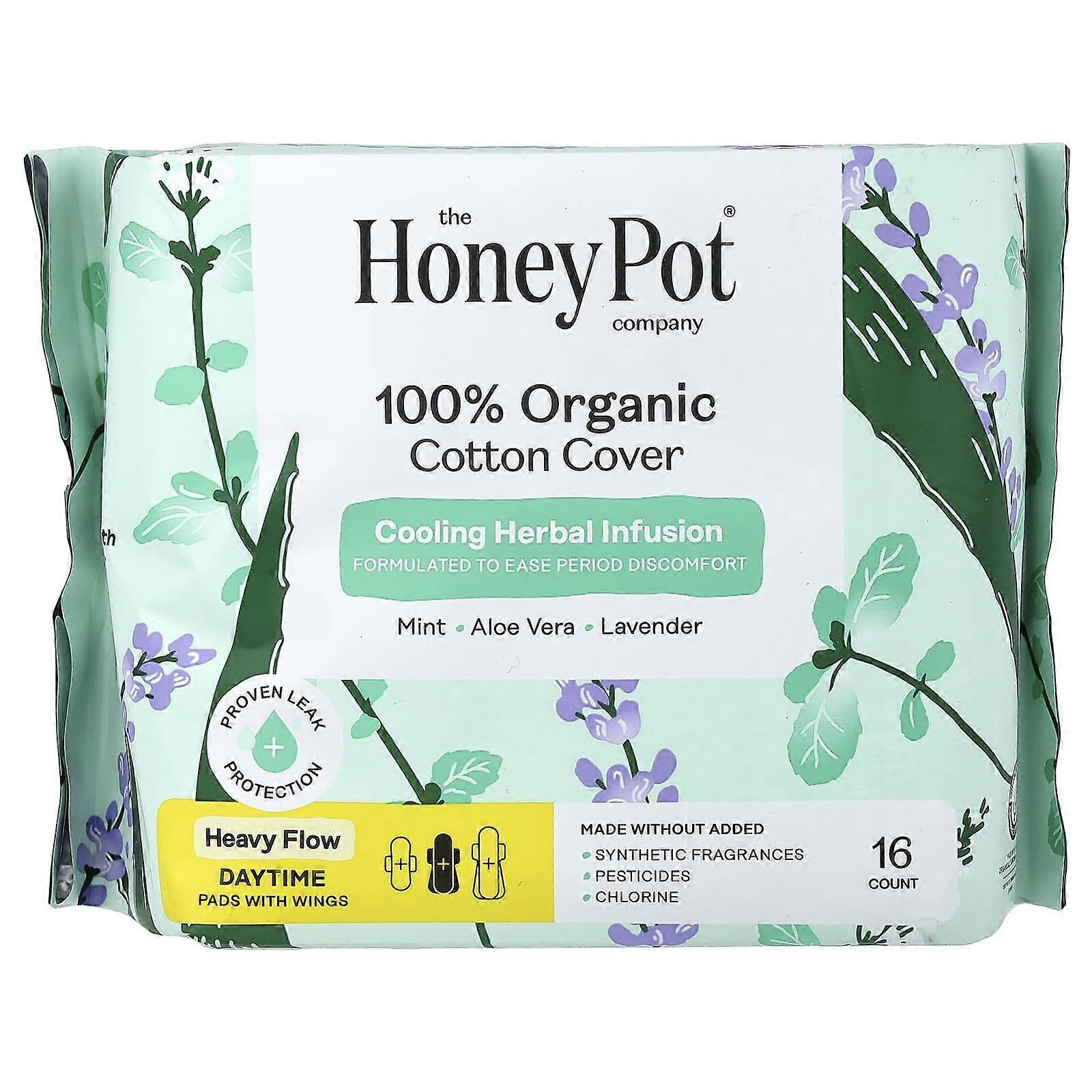 The Honey Pot Company, 100% Organic Cotton Cover, Daytime Pads with Wings, Heavy, 16 Count, 2-Pack