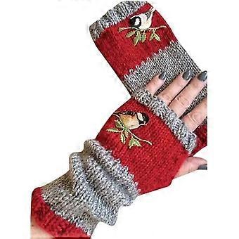 SereneNest Warm Patchwork Embroidered Gloves,Vintage Knitted Gloves and Bird Embroidery Fingerless Gloves Red Medium