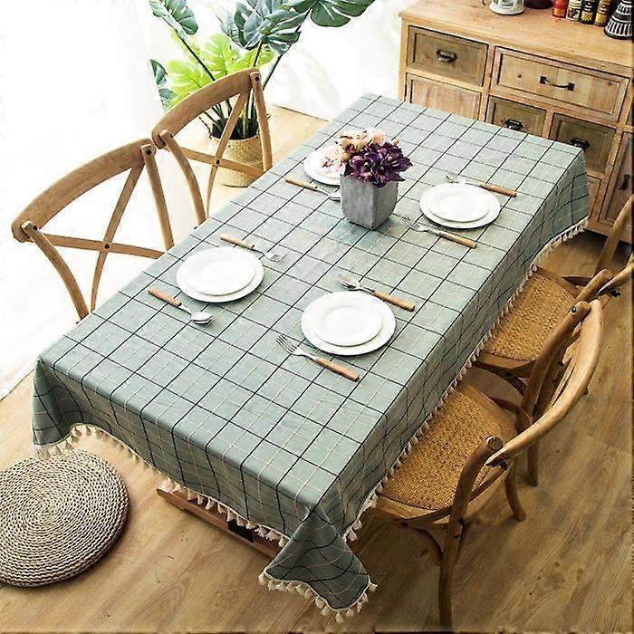Scandinavian Polyester Rectangular Green Checkered Dining Tablecloth, 140x220 cm