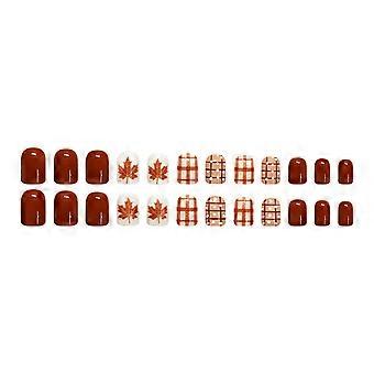 Brown Plaids Press On Nail Short Square 24 Piece Glossy Artificial Nail Set with Maple Leaf Glitters Accents for Daily Styling, Gatherings Multicolor