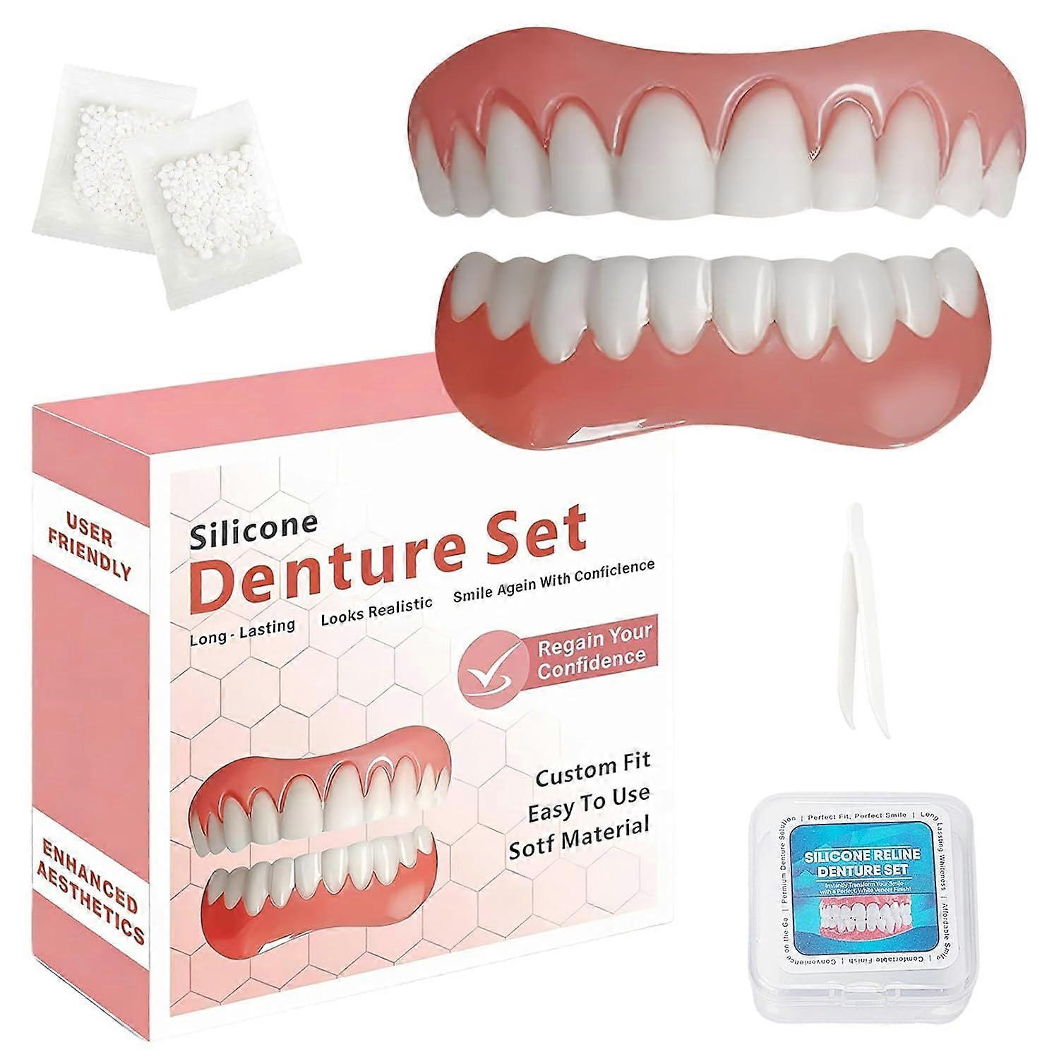 Silicone False Teeth Set, Full Upper Lower Dentures with Custom Fit Kit